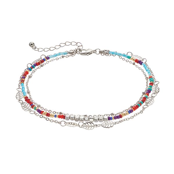 SO® Multi Color Bead & Openwork Leaf Multi Strand Anklet