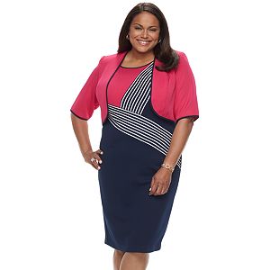 Plus Size Maya Brooke Striped Dress & Solid Jacket Set