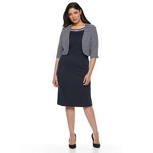 Plus Size Maya Brooke Jacquard Dress & Striped Jacket Set