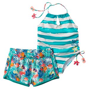 Girls 4-6x Big Chill Striped One-Piece Swimsuit & Tropical Shorts Set