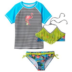 Girls 7-16 Big Chill Rashguard, Fringe Bikini & Scoop Bottoms Swimsuit Set