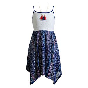 Girls 7-16 Emily West Printed Skirt Handkerchief Hem Dress with Tassel Necklace