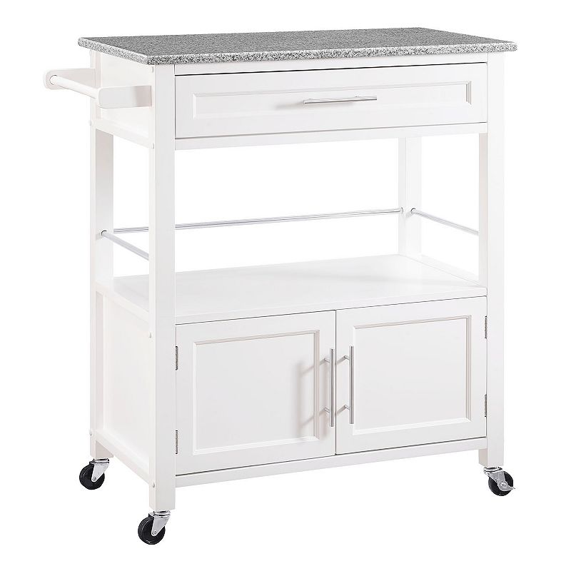 Cameron White Wood Granite Top Movable Kitchen Cart Storage Drawer & Cabinet Locking Wheels - Linon