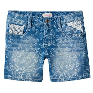 Girls 7-16 SO® Butterfly Print Medium Wash Midi Jean Shorts