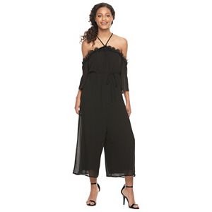 Juniors' Speechless Cold Shoulder Lace Halter Jumpsuit
