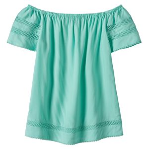 Girls 7-16 SO® Openwork Off Shoulder Woven Babydoll Top