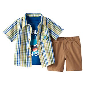 Baby Boy Boyzwear Plaid Shirt, Graphic Tee & Shorts Set