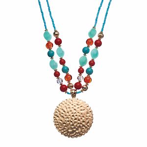 Textured Disc Pendant Beaded Double Strand Necklace