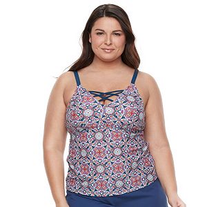 Plus Size Pink Envelope Bust Enhancer Medallion Tankini Top