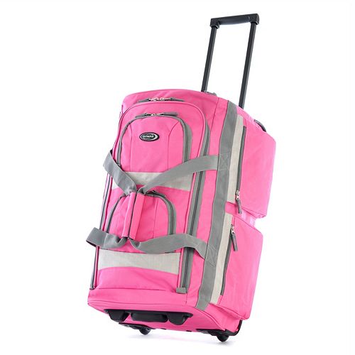 pink duffle bag with wheels