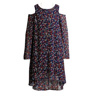 Girls 7-16 Mackenzie X Emily West Floral Printed Chiffon Cold Shoulder Dress with Necklace