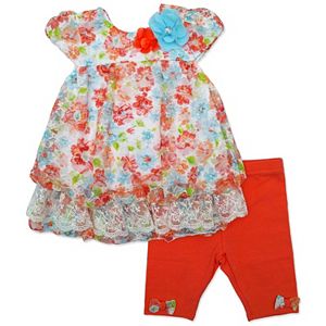 Baby Girl Nannette Floral Lace Bubble-Hem Top & Bow Capri Leggings Set