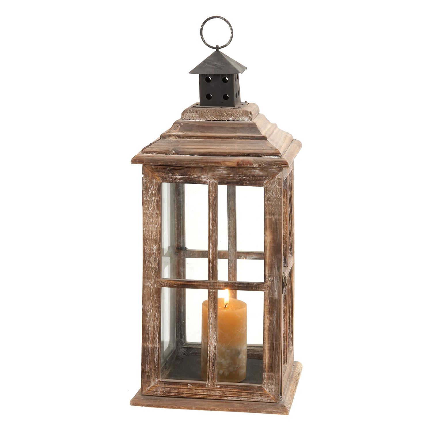 Stonebriar Rustic Wooden Hurricane Lantern 18-in - Brown, Indoor/Outdoor  Lantern for Centerpiece, Mantle, Tabletop