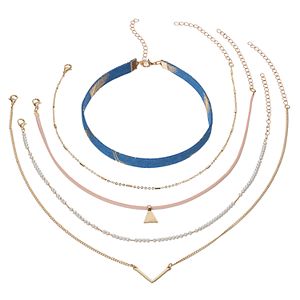 Blue Fabric, Simulated Pearl & Triange Necklace Set