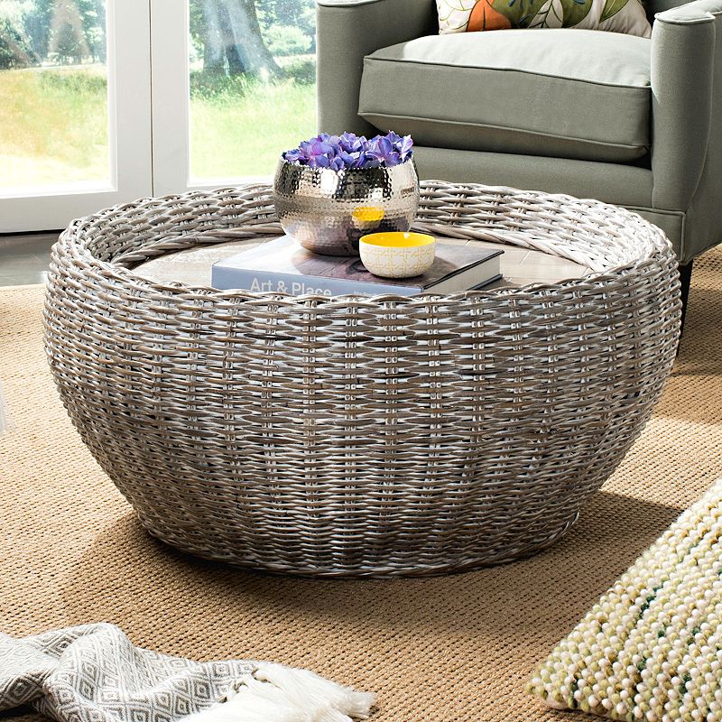 Safavieh Washed Round Wicker Coffee Table, White