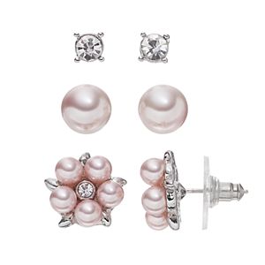 Pink Simulated Pearl Flower Nickel Free Stud Earring Set