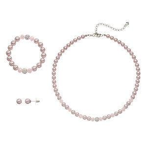 Pink Simulated Pearl Necklace, Stretch Bracelet & Stud Earring Set