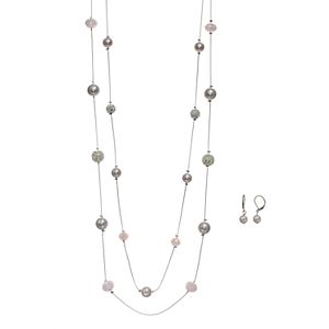 Pink Simulated Pearl Long Double Strand Necklace & Drop Earring Set