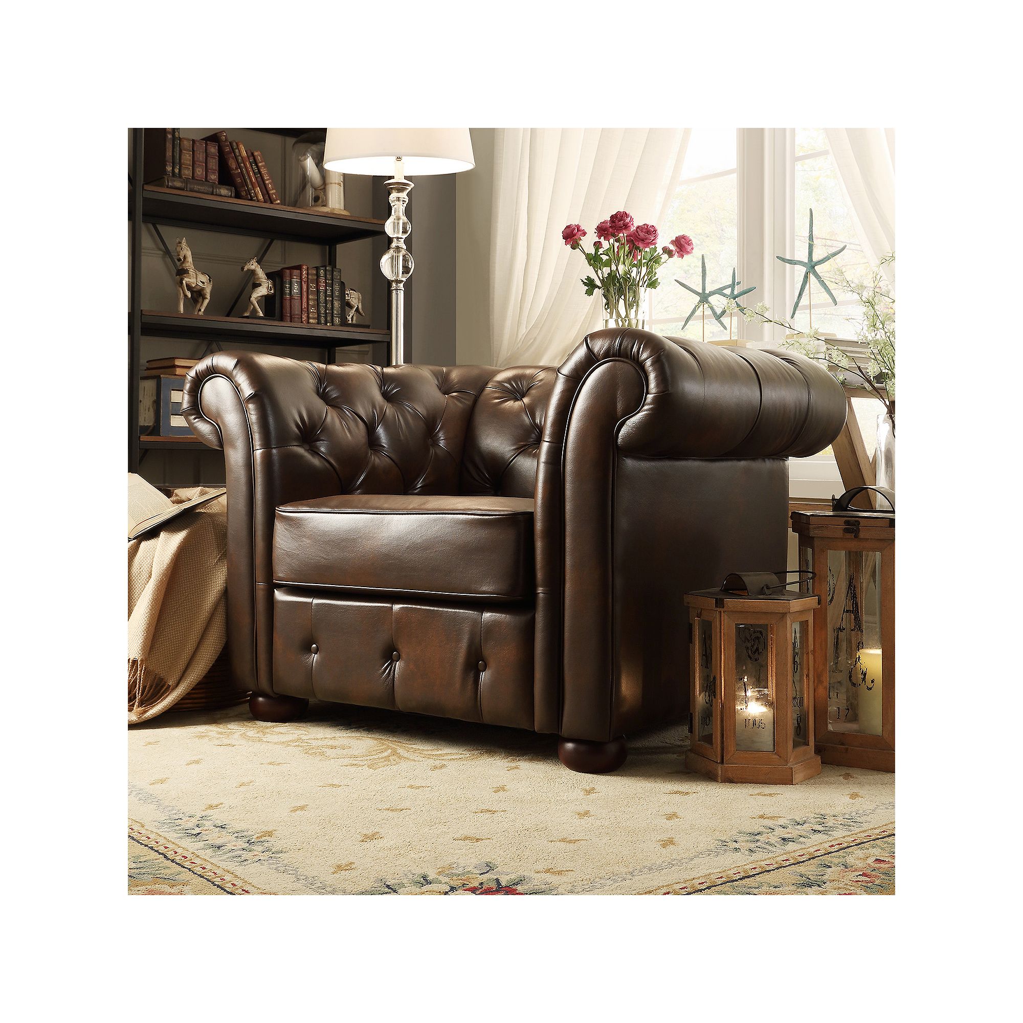 HomeVance Vanderbilt Chesterfield Button Tufted Arm Chair, Brown Bonded Lea
