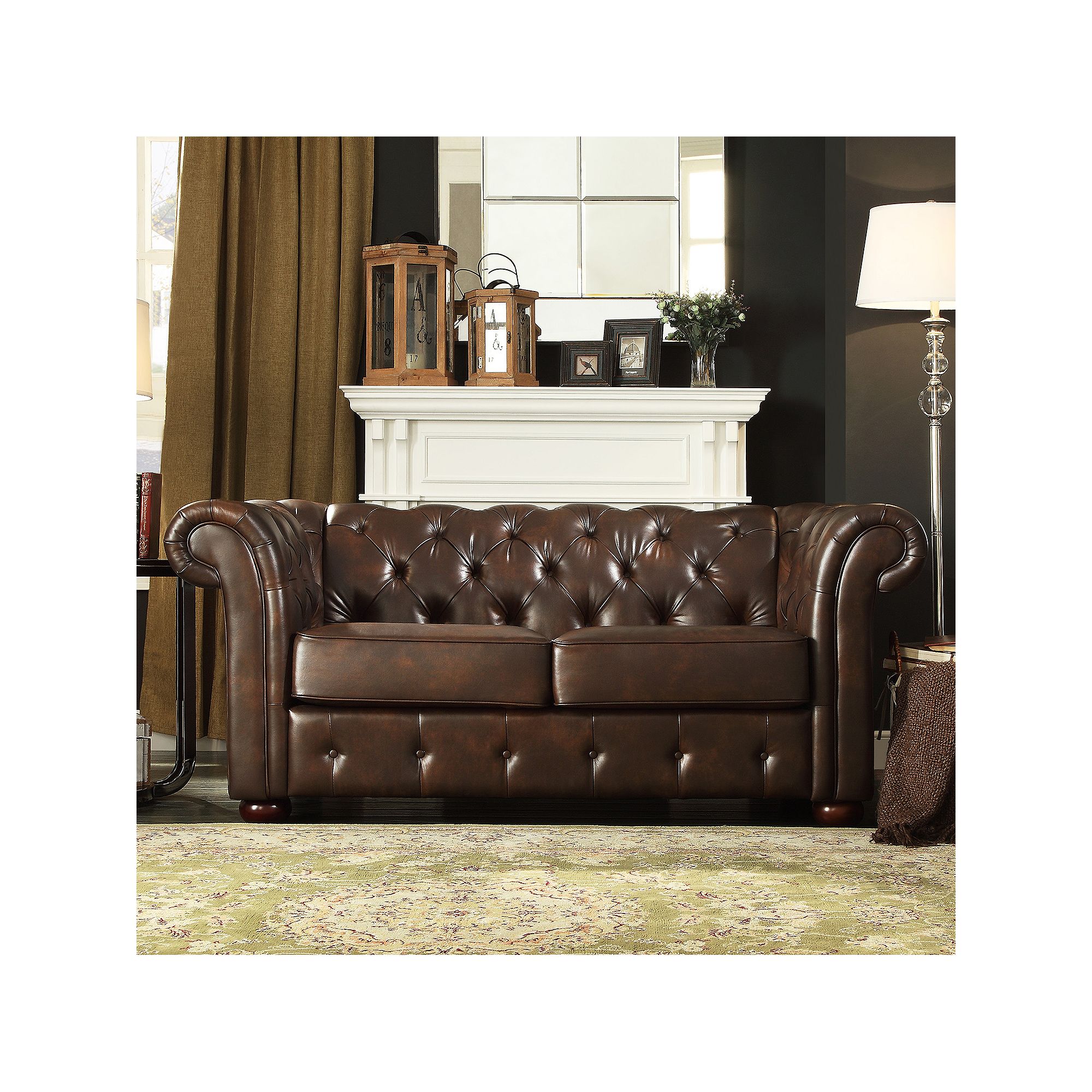 HomeVance Vanderbilt Chesterfield Button Tufted Loveseat, Brown Bonded Leat