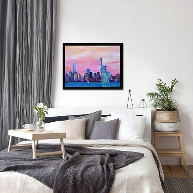 Americanflat "Manhattan Skyline With Downtown Skyline And Statue Of Liberty" Framed Wall Art