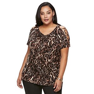 Plus Size Jennifer Lopez Lace-Up Shoulder V-Neck Top