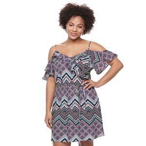 Juniors' Plus Size Candie's® Print Ruffle Cold-Shoulder Dress