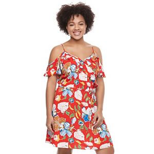 Juniors' Plus Size Candie's® Print Ruffle Cold-Shoulder Dress
