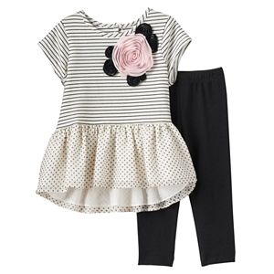 Baby Girl Marmellata Classics Rosette Stripes & Polka-Dot Dress & Black Leggings Set