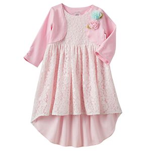 Toddler Girl Marmellata Classics Rosette Cardigan & Lace High-Low Hem Dress