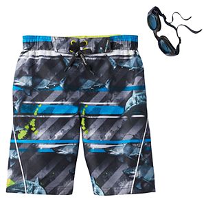 Boys 4-7 ZeroXposur Sharks & Stripes Swim Trunks with Goggles