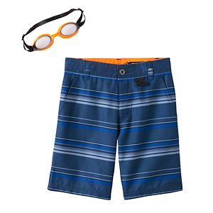 Boys 4-7 ZeroXposur Blue Striped Swim Trunks with Goggles