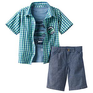 Toddler Boy Boyzwear Short Sleeve Plaid Button-Down Shirt, Car Graphic Tee & Chambray Shorts Set