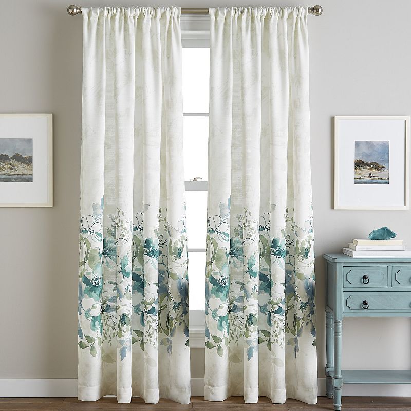 Watercolor 1-Panel Floral Window Curtain, Blue, 50X95