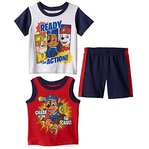 Toddler Boy Paw Patrol Chase, Marshall & Rubble Tank Top, Tee & Shorts Set