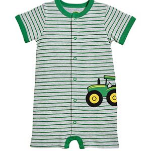 Baby Boy John Deere Striped Tractor Applique Romper