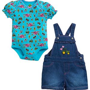 Baby Girl John Deere Farm Bodysuit & Embroidered Tractor Denim Shortalls