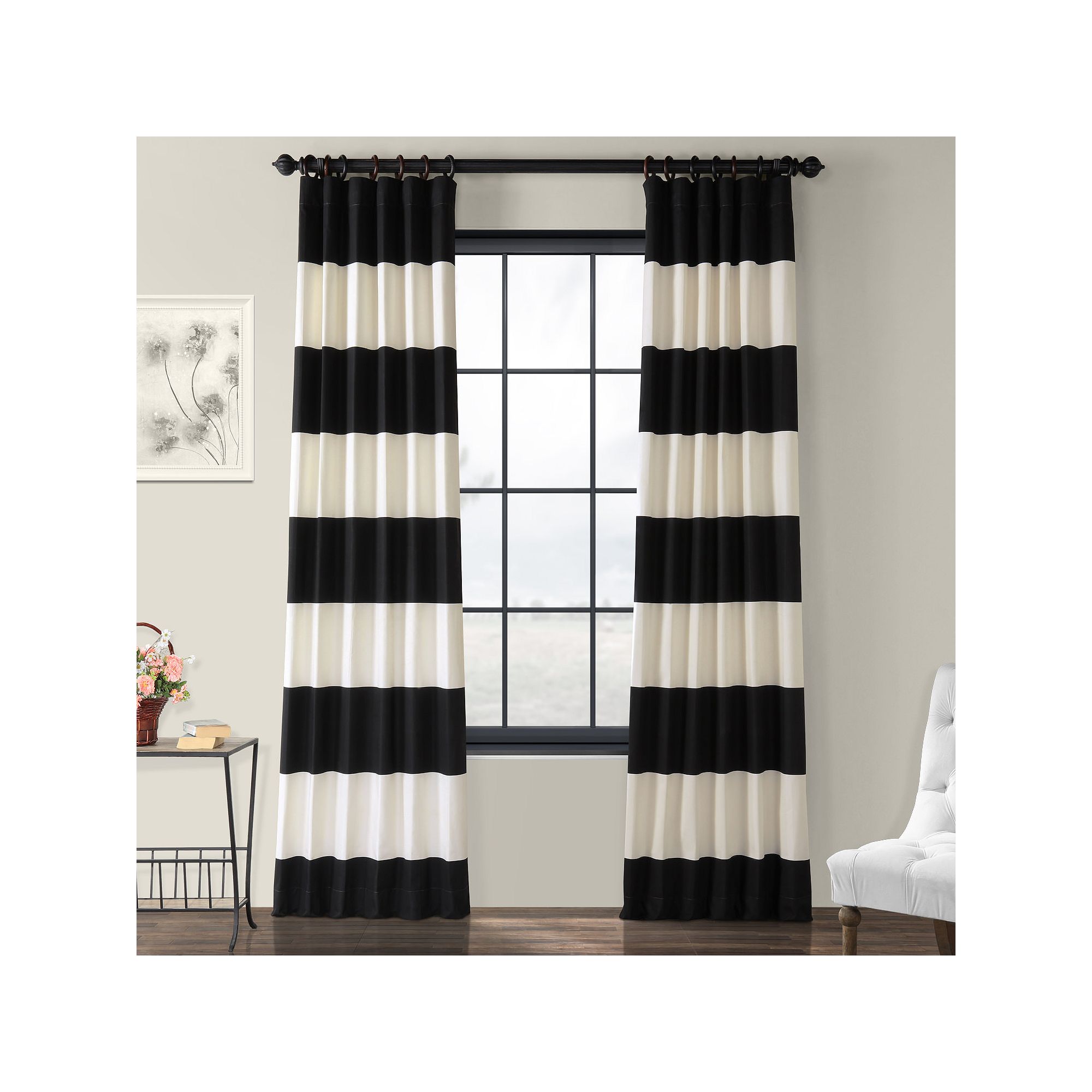 EFF 1-Panel Stripe Cotton Window Curtain, Onyx Black