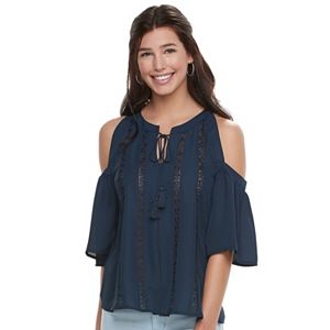 Juniors' My Michelle Illusion Lace Cold-Shoulder Top
