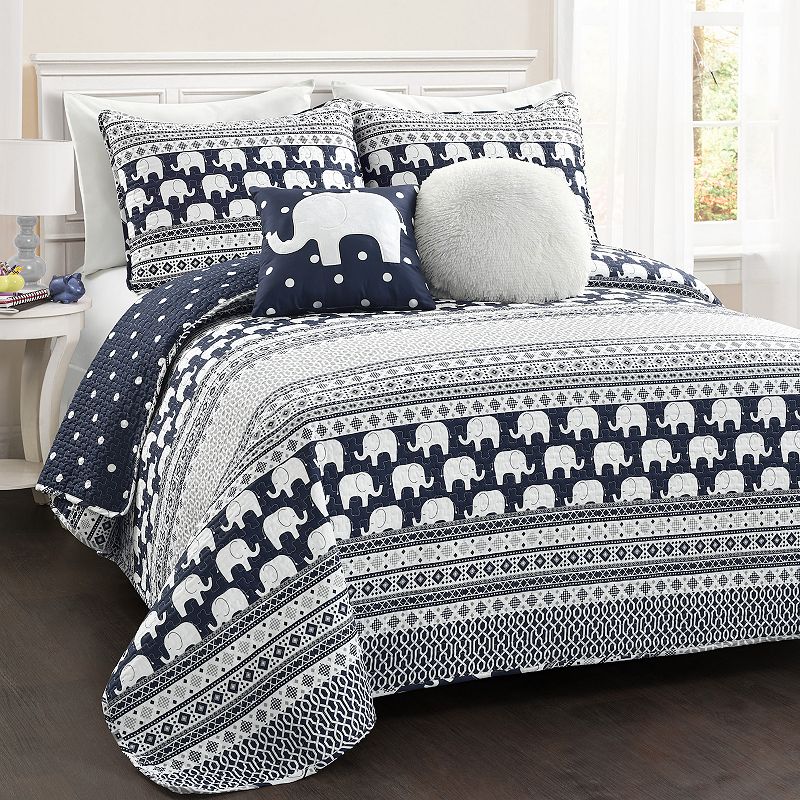 Lush Decor Elephant Stripe Quilt Set, Blue, Twin