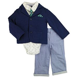Toddler Boy Baby Boyz French Terry Blazer, Button-Front Bodysuit, Twill Pants & Tie Set