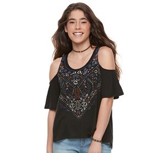 Juniors' Mudd® Print Cold Shoulder Top