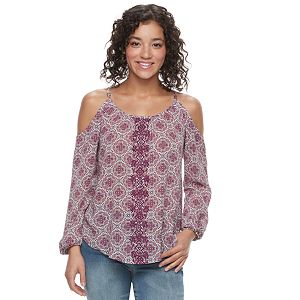 Juniors' Rewind Embroidered Print Cold-Shoulder Top