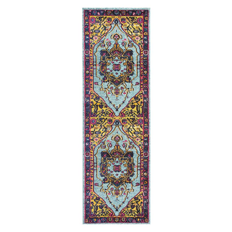 nuLOOM Casablanca Vintage Janella Framed Floral Rug, Blue, 2.5X8 Ft