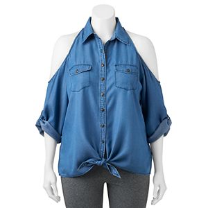 Juniors' Plus Size HeartSoul Cold Shoulder Chambray Blouse
