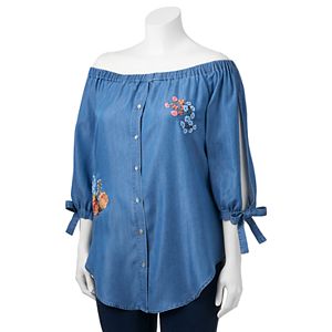 Juniors' Plus Size HeartSoul Floral Embroidery Off-the-Shoulder Blouse