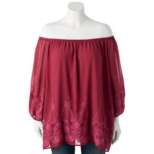 Juniors' Plus Size HeartSoul Floral Embroidery Off-the-Shoulder Top
