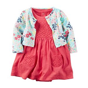 Baby Girl Carter's Crochet Lace Bodysuit Dress & Floral Cardigan Set