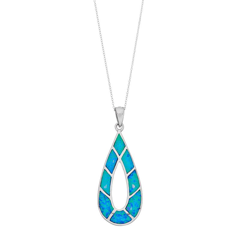 Sterling Silver Lab-Created Blue Opal Teardrop Pendant Necklace, Womens, 