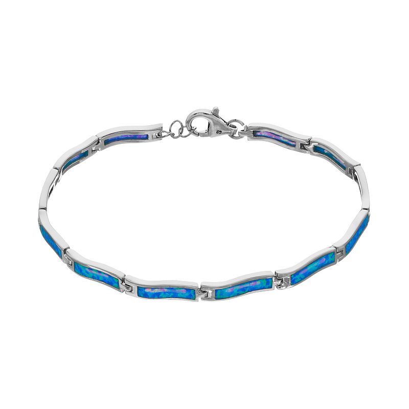 Sterling Silver Lab-Created Blue Opal Wavy Bar Link Bracelet, Womens, Siz